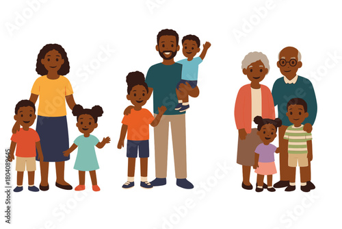 Generational African American family units featuring parents, young children, and elderly grandparents