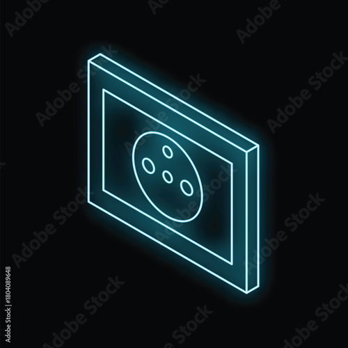 Glowing neon line electric wall socket icon isolated on black background 4k ultra hd 3d isometric view