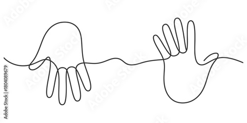 Continuous one line drawing of two human hands reaching out to each other, symbolizing connection, collaboration, unity, support, and partnership concept.
