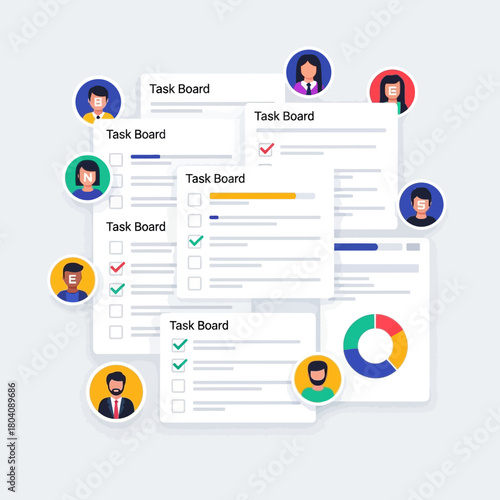 Team members collaborating on task board with charts and progress, perfect for project management, teamwork, and business strategy