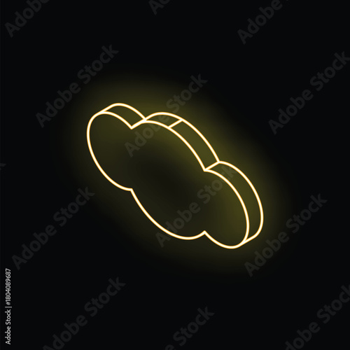 Yellow neon sign showing an isometric cloud, on black background