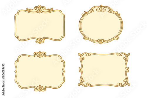 Elegant set of four vintage gold frames with ornate baroque scrollwork and blank inner areas