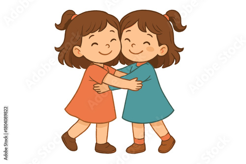 Two happy little girls hugging each other tightly showing friendship and affection