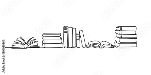 Continuous line drawing of various books, including open books, stacked books, and books on a shelf, symbolizing education, knowledge, and learning