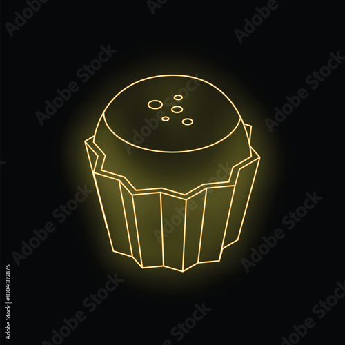 Golden neon icon of salt shaker glowing on black background