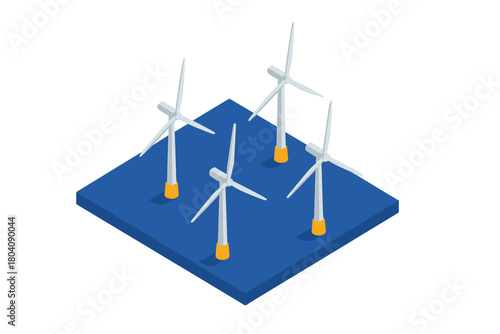 Offshore wind power generation facility with multiple turbines in isometric view