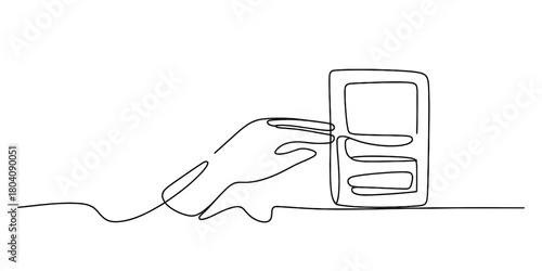 One continuous line art drawing of a hand holding or touching a mobile smartphone device, representing digital communication and technology interaction