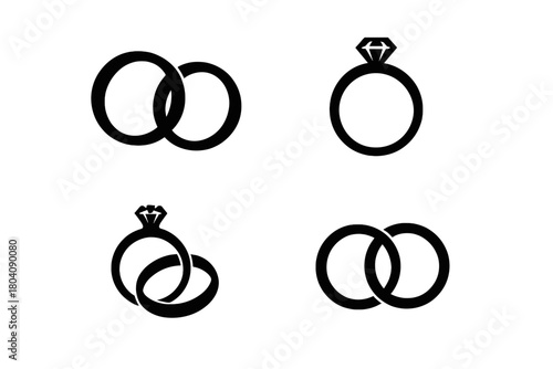 Minimalist black silhouettes of wedding rings and diamond engagement bands