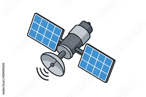 Modern communication satellite orbiting Earth with solar panels and transmitting dish antenna