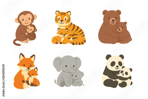 Cute animal mothers hugging their babies set featuring monkey tiger bear fox elephant panda