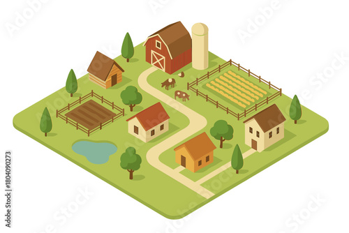 Isometric farm landscape with barn, silo, houses, fenced fields, and grazing livestock