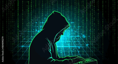Cybersecurity Hacker Silhouette Typing on Keyboard with Digital Matrix Background