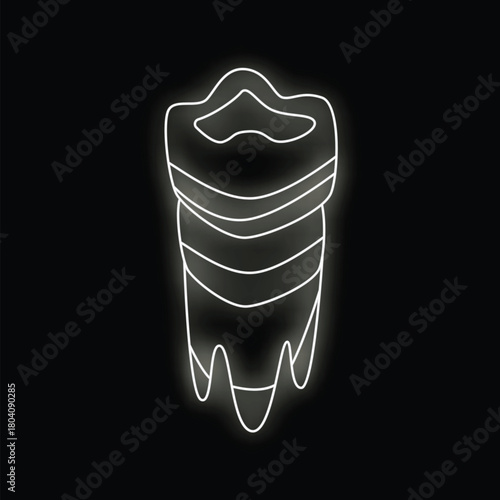 White line drawing of an anatomical molar tooth glowing against a black background