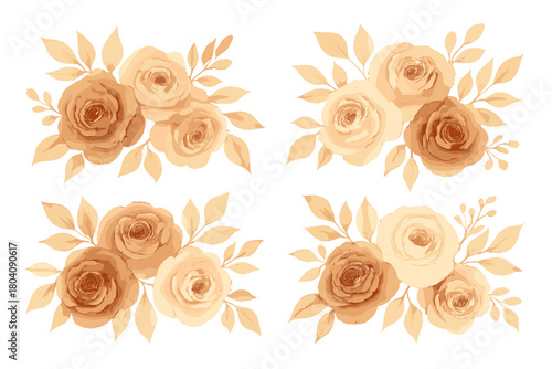 Elegant collection of four monochromatic rose flower arrangements with leaves in earthy brown and cream colors