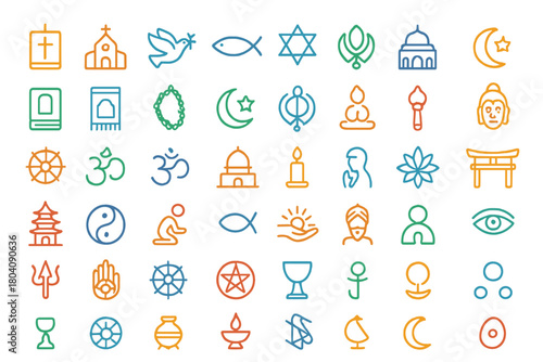 Colorful outline symbols representing major world religions, spirituality, and faith