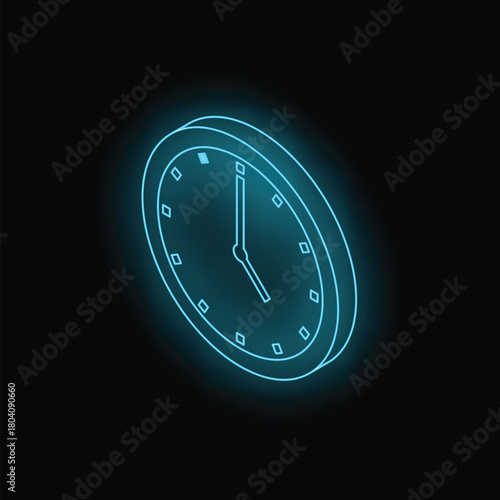 Blue neon clock showing the time passing on a black background