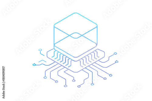 Isometric outline of a microchip connected to a transparent cube symbolizing data security