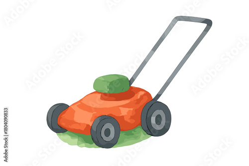 Simple gardening equipment featuring a colorful push lawn mower for yard maintenance