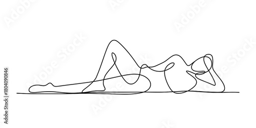 Continuous line art drawing of a minimalist female nude figure in a relaxed reclining pose, artistic simplicity and body contour outline