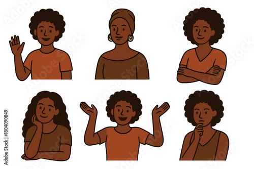 Diverse Black women portraits showing various expressions and communication gestures