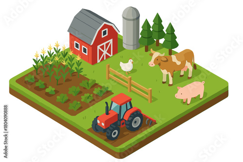 Isometric farm layout with red barn, silo, cultivated fields, and domestic animals