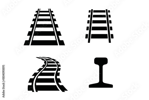 Black silhouettes of railway tracks and rail profile icons for transportation design