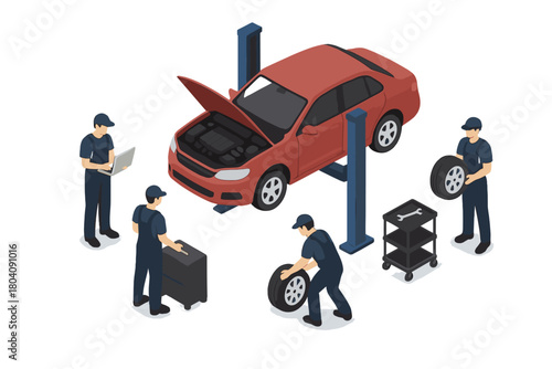 Professional auto mechanics servicing a sedan on a hydraulic lift in an automotive repair shop