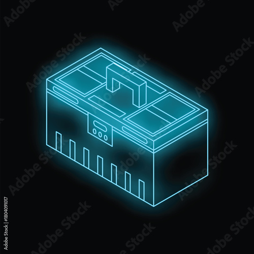 Neon toolbox glowing on a black background, perfect for representing construction work