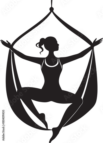 Aerial yoga pose, black silhouette of a woman suspended in a silk hammock