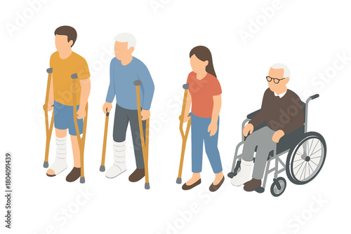 Diverse group of people with leg casts using mobility aids like crutches and a wheelchair