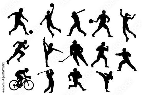 Set of sports player silhouettes engaged in various athletic activities and competitive games