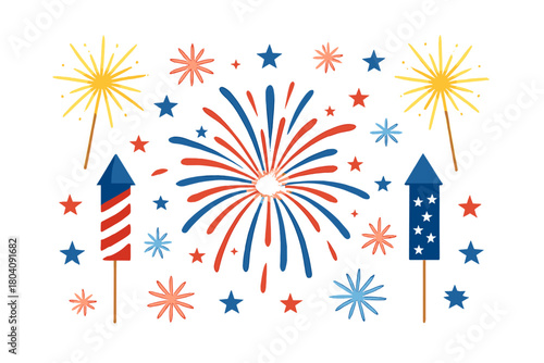 Celebration fireworks set featuring rockets sparklers and stars in American flag colors