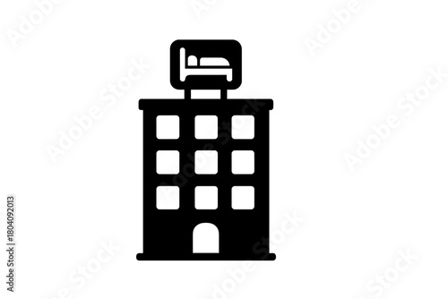 Simple black silhouette of a multi-story hotel building with a bed sign on top for travel and accommodation