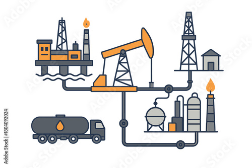 Global oil and gas supply chain infrastructure featuring offshore rig and pumpjack