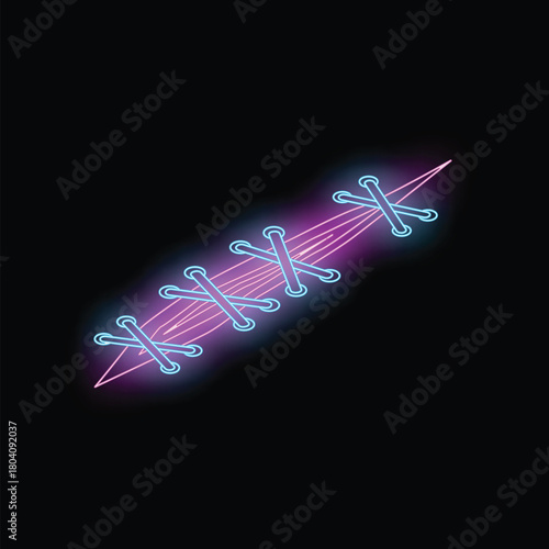 Glowing neon illustration of a surgical suture closing a wound with blue thread on a black background