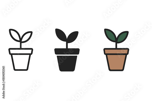 Collection of small potted plant icons showing outline, solid, and color variations