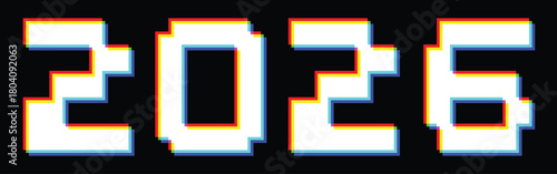 2026 RGB glitch pixel typography - distorted retro display letters for digital design project. RGB shift optical effect for black background. vector