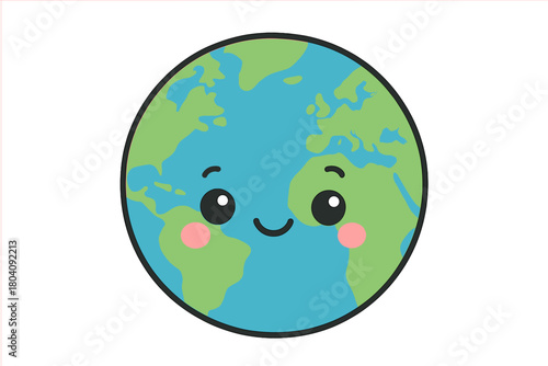 Cute smiling Earth globe character with rosy cheeks and happy expression on white background