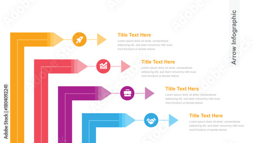 Colorful Arrow Infographic Sequential Diagram with Startup Rocket, Chart, Business Suitcase, and Handshake Icons