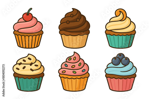 Assortment of six colorful sweet cupcakes with various frosting flavors and toppings