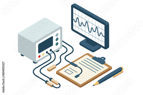 Isometric medical monitoring device showing vital signs graph on screen with patient record clipboard and pen