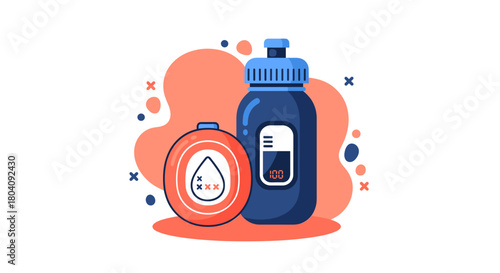 A vibrant illustration showcases a water bottle and a hydration tracker, essential for fitness and active lifestyles, promoting health and wellness.
