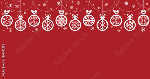 Bold Christmas background featuring white hand-lettering of "Merry Christmas" on a deep red background. The top border is a dense, seamless pattern of white hanging Christmas ornaments and various sno