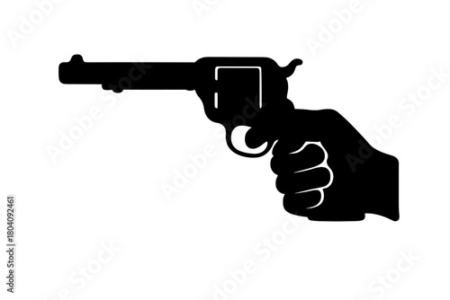 Silhouette of a human hand holding a classic revolver handgun ready to fire