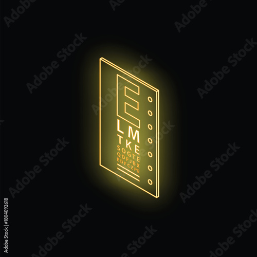Neon yellow eye chart glowing on black background, concept for ophthalmology and eyesight