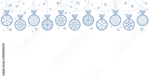 Horizontal white background template featuring a dense, seamless border of hanging blue Christmas ornaments decorated with intricate snowflake designs. Includes dotted strings, bows.
