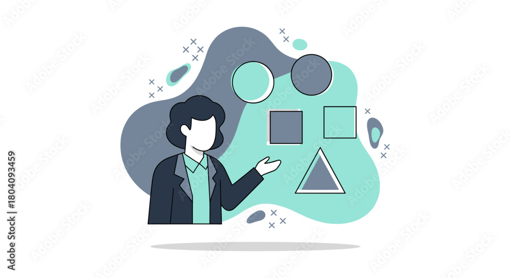 Naklejka premium A business professional presents various geometric shapes, illustrating concepts related to design, problem-solving, and creative thinking on a modern background.