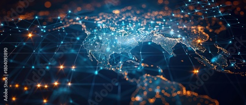 World map global network and connectivity, international data transfer and cyber technology worldwide.