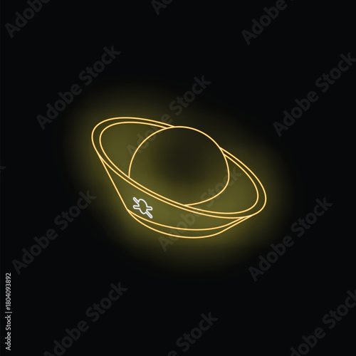Golden neon sign of a gold ingot glowing on a dark background, symbolizing fortune and success