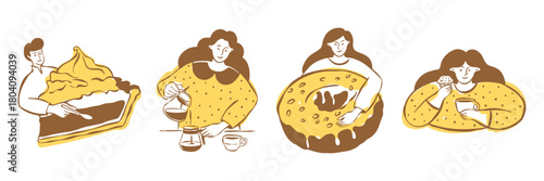 Fun characters holding coffee and pastry. Minimal hand drawn illustrations for postcards, menu, brand identity, logo design.